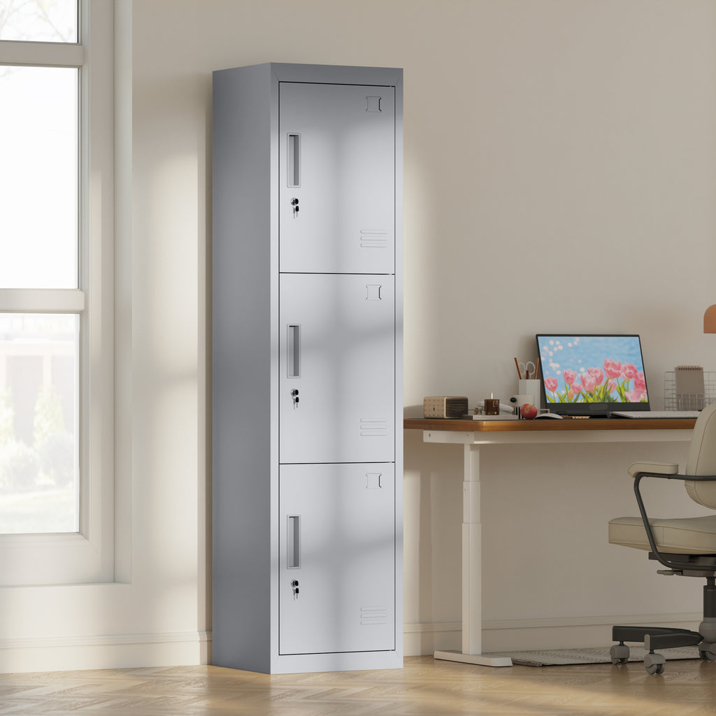 3-Door Steel Office Cabinet with Lock and 2 Keys, 45x38x180cm, Light Grey