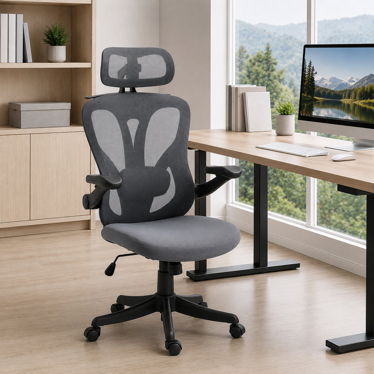HOMCOM Ergonomic Office Chair with Flip-Up Armrests, Headrest, and Coat Rack, Dark Grey