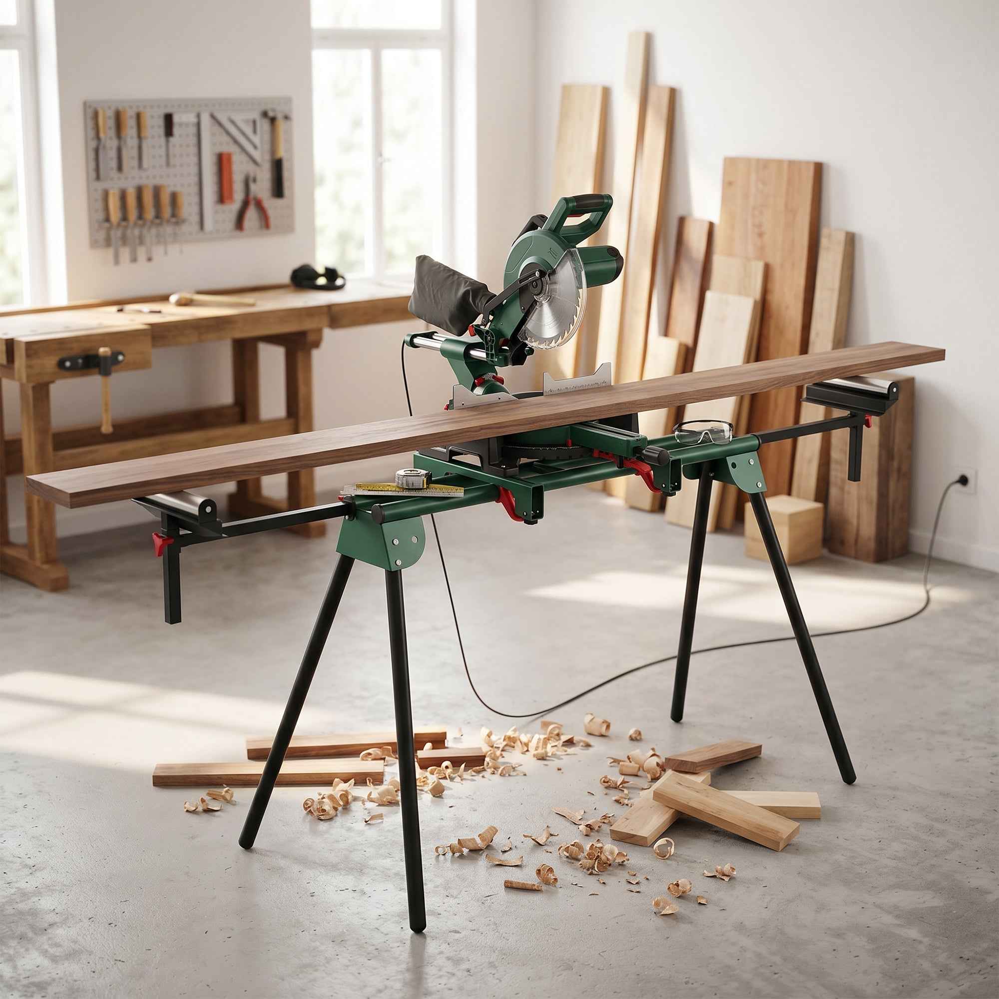 HOMCOM Mitre Saw Stand with Adjustable Arms, Folding Legs, Adjustable Height, 150 kg Capacity, Green