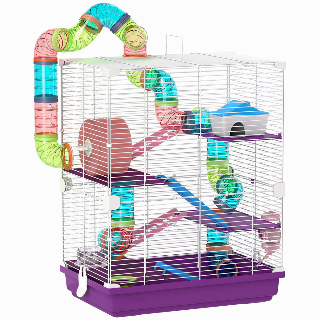 PawHut 5-Level Hamster Cage with Tubes, Wheel, Ladders, House and Bottle, 46x30x58 cm, Purple