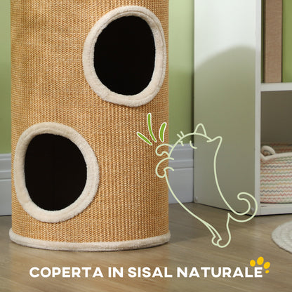 2-Tier Sisal Cat Scratching Tower with Plush Houses for 1-2 Cats, Brown