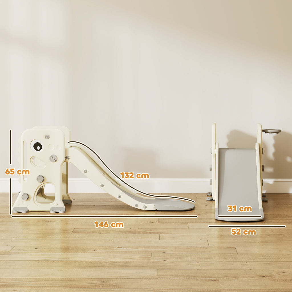 Foldable Children's Slide with Basketball Hoop and Ball, Made of PP and HDPE, 146x52x65 cm, Grey and Cream