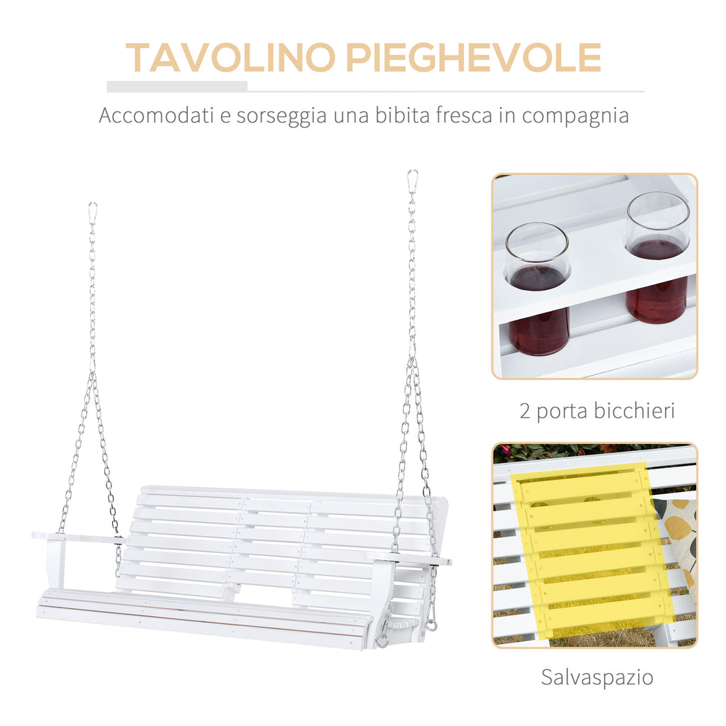 Outsunny 3-Seater Outdoor Swing with Central Table and Cup Holder, Made of Wood and Metal, 150x75x53 cm, White