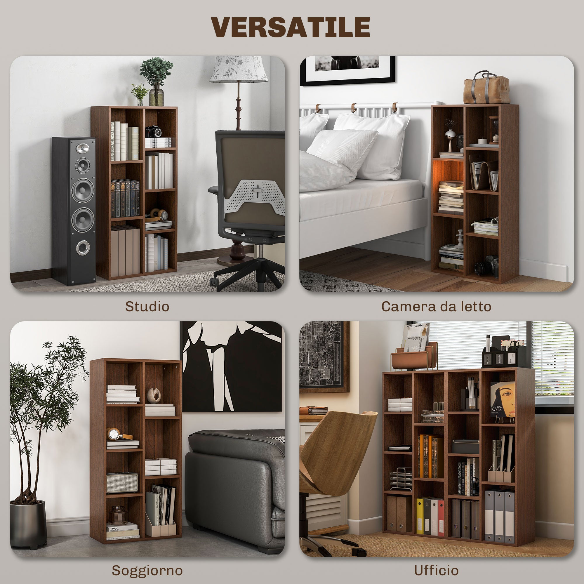 Wooden Cube Bookcase with 7 Shelves of Different Sizes, 50x24x106 cm, Walnut Color