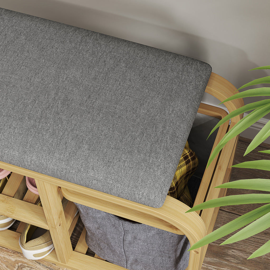 Entrance Shoe Rack Bench with Padded Seat, Slatted Design and Removable Basket, 70x30x45 cm, Wood