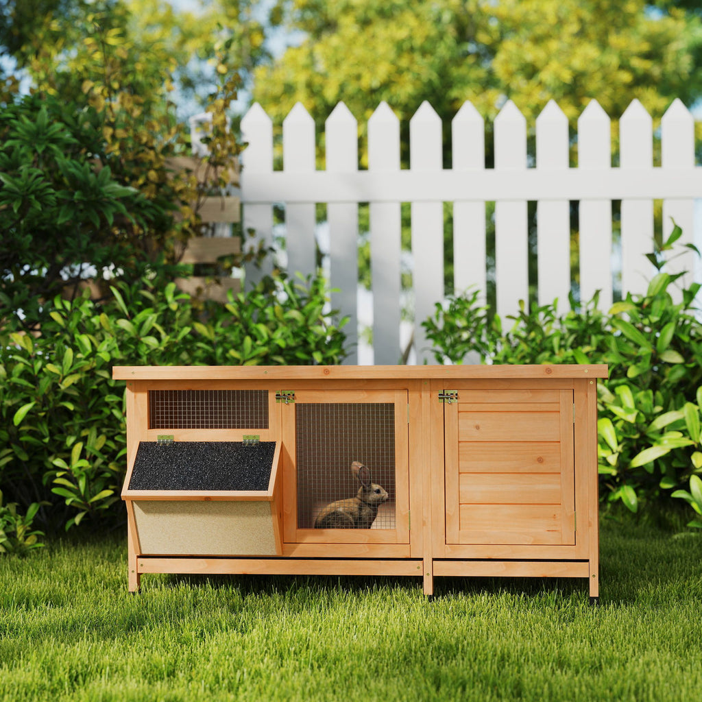 PawHut Outdoor Wooden Rabbit Hutch with Asphalt Roof, House, Trays and Feeder, 112x50x54 cm, Yellow