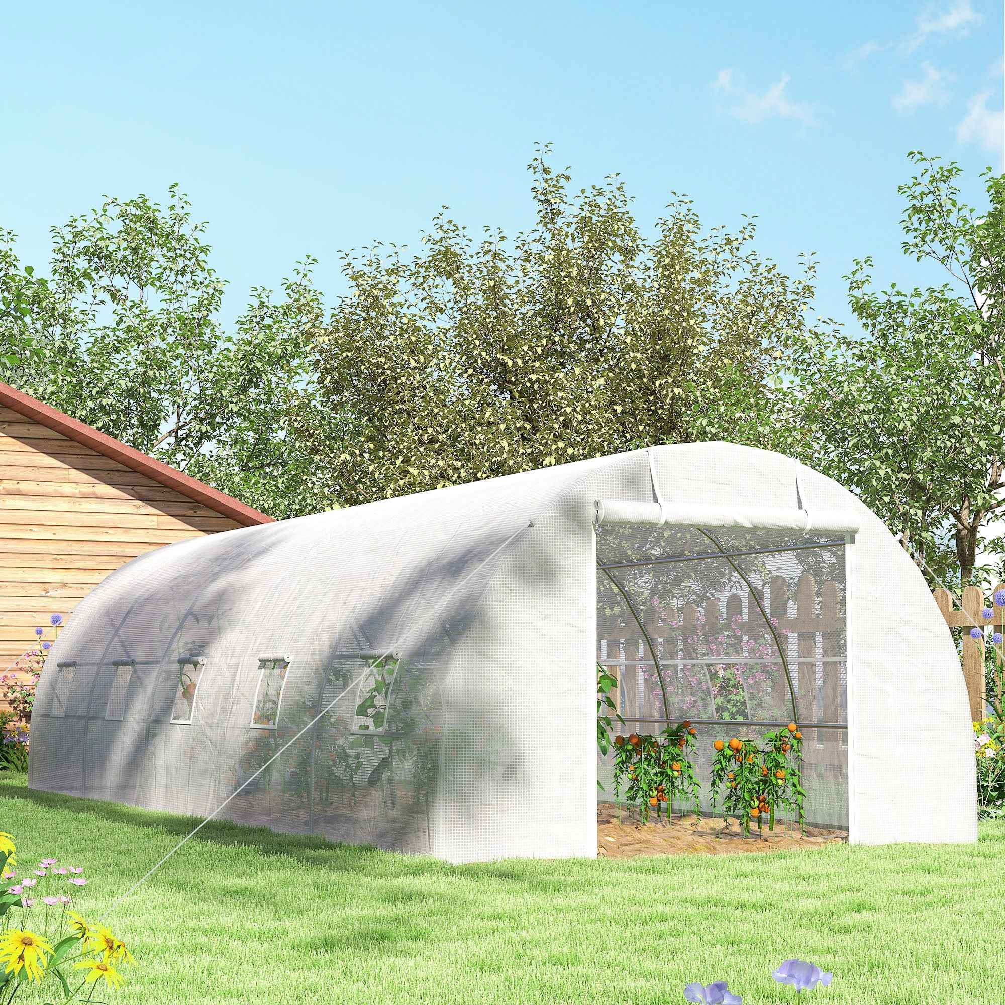 Outsunny 8x3x2 m Tunnel Greenhouse with Plastic Lining and Reinforced Steel, White