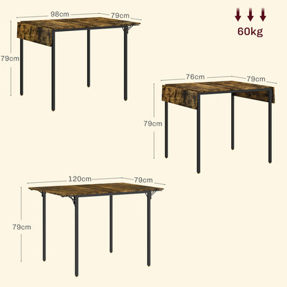 Industrial Style Drop-leaf Dining Table for 2-4 People in Wood and Metal, 120x79x79 cm, Rustic Brown