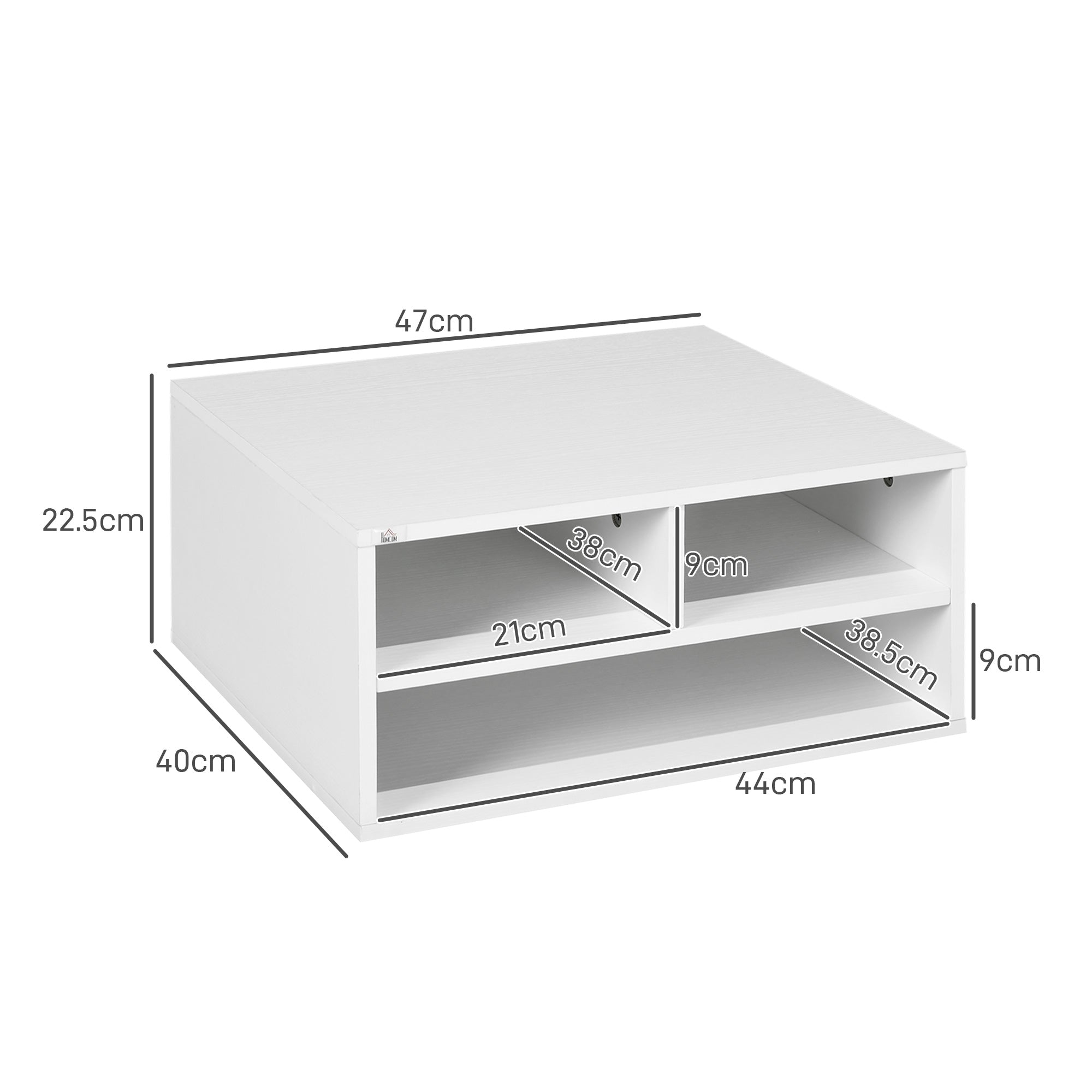 Office Printer Stand with 3 Open Shelves, 2 Levels, 47 x 40 x 22.5 cm, White