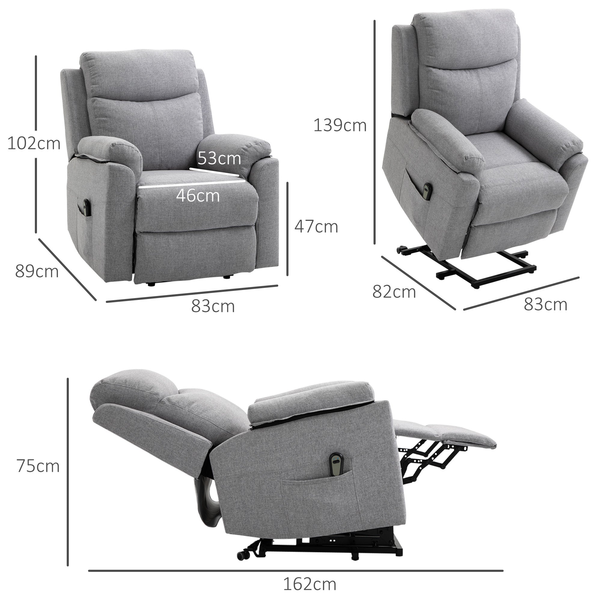 Electric Reclining Relaxing Lift Armchair with Remote Control and Fabric Footrest, Light Gray