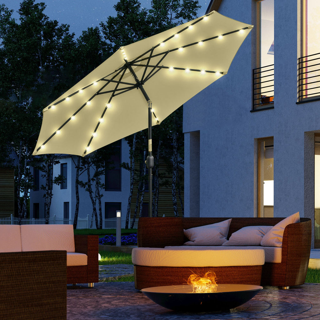 Outsunny Ø265cm Tilting Garden Umbrella with 32 Solar LED Lights and Crank Handle, Beige