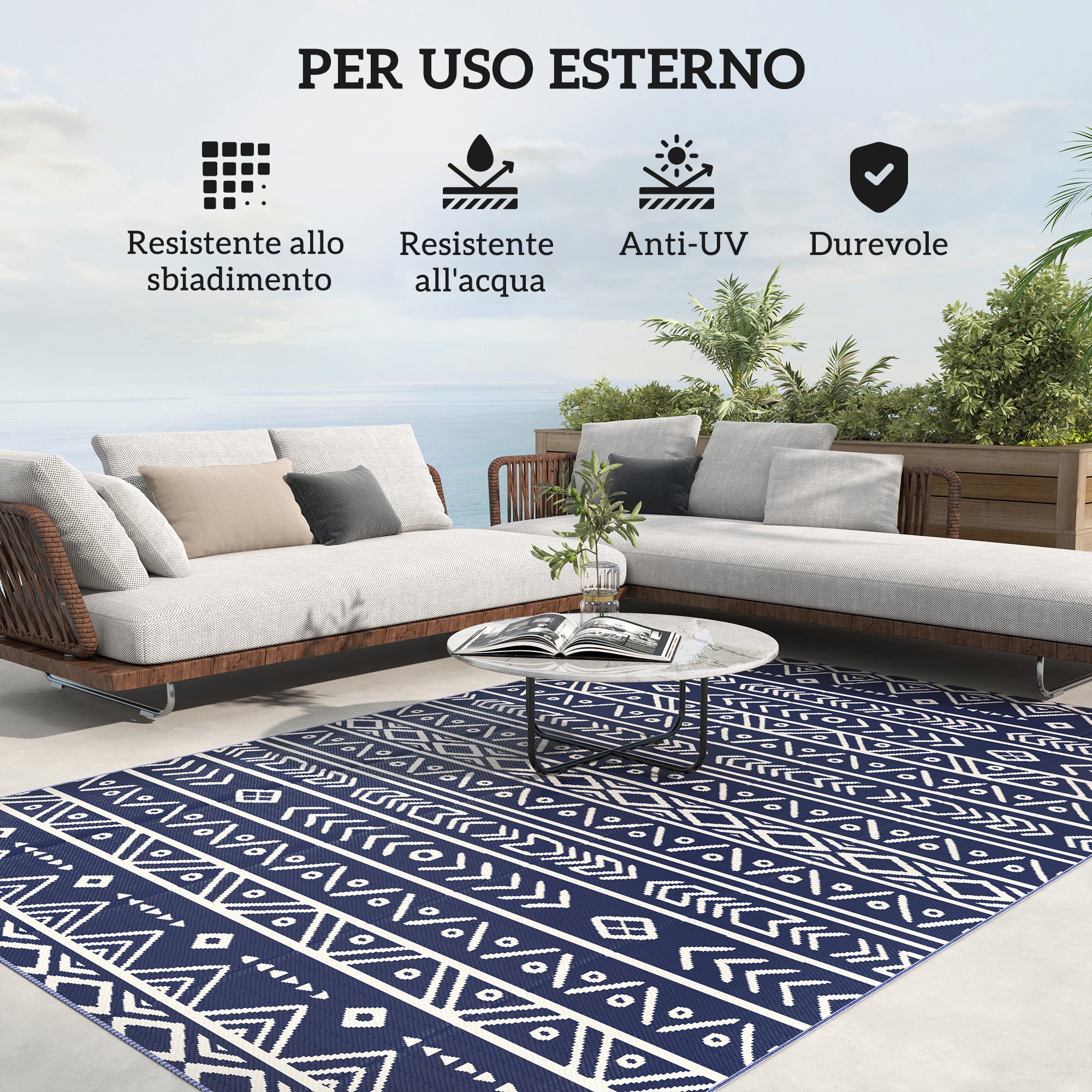 Reversible Geometric Style Outdoor Rug with Carry Bag, 182x274 cm, Blue and White
