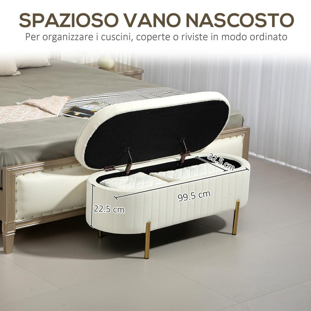 72L Oval Storage Bench with Lift-Top Lid, Velvet Fabric and Wood, 108x44x43.5 cm, Cream