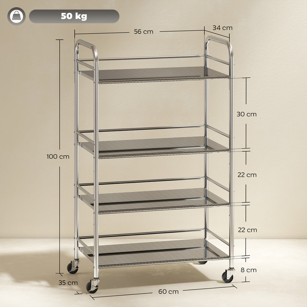 4-Tier Utility Cart with 2 Adjustable Shelves and Raised Edges, Stainless Steel, 60x35x100 cm