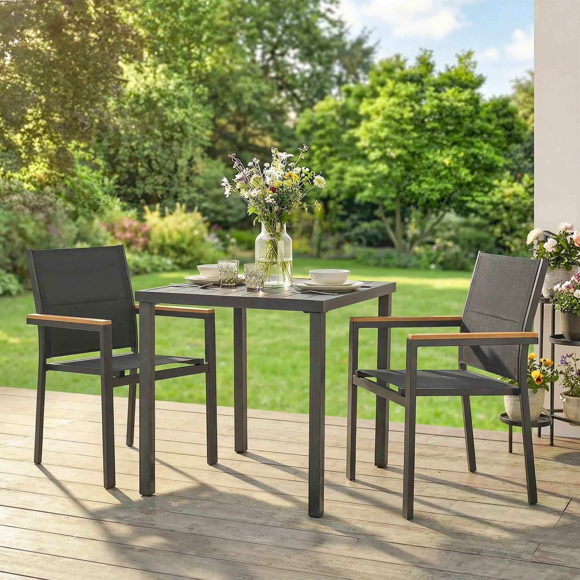 Outsunny Set of 2 Stackable Garden Chairs with Padded Seat and Backrest, Dark Grey