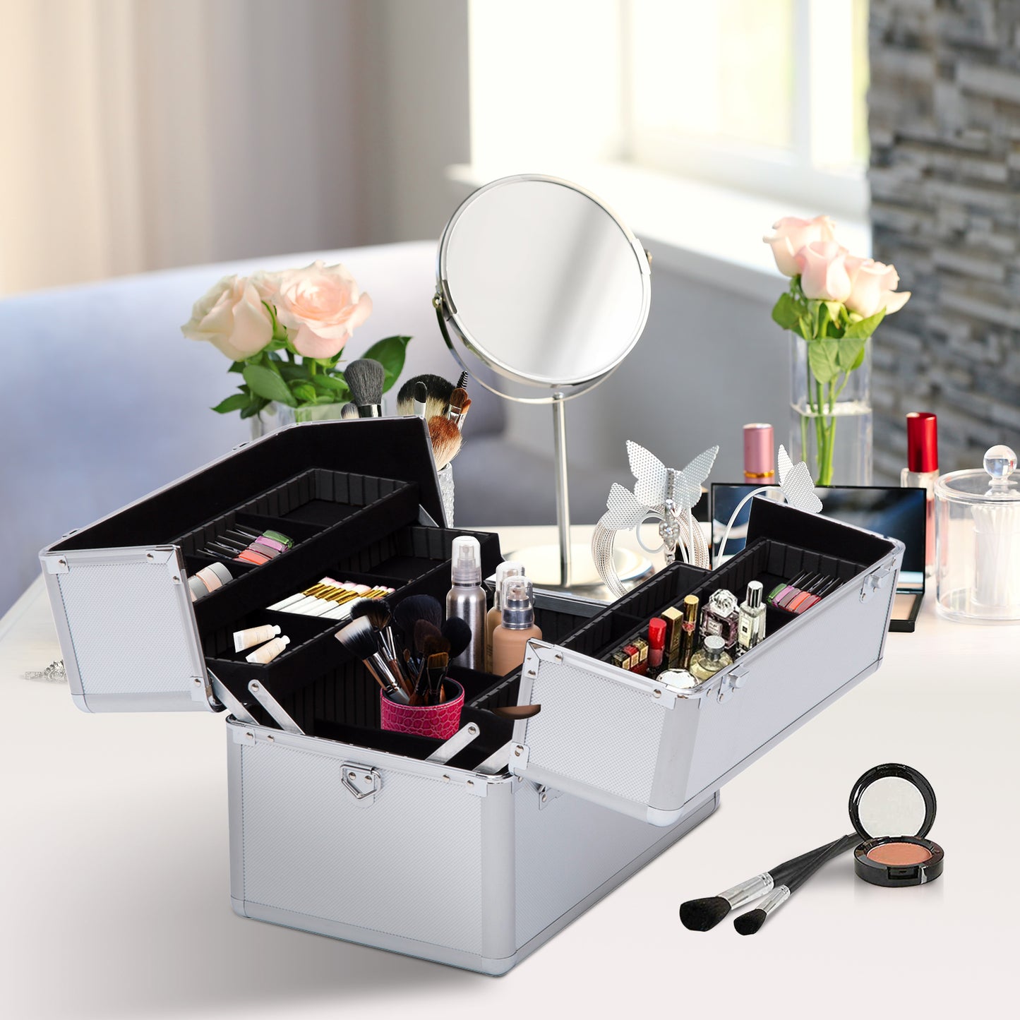 Makeup Case with 2 Locks, Aluminum, 36.5x24x29 cm, Silver