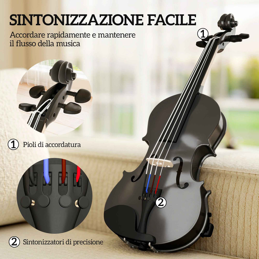 HOMCOM 4/4 Spruce and Maple Violin with Case, Bow, Shoulder Rest and Rosin, Black