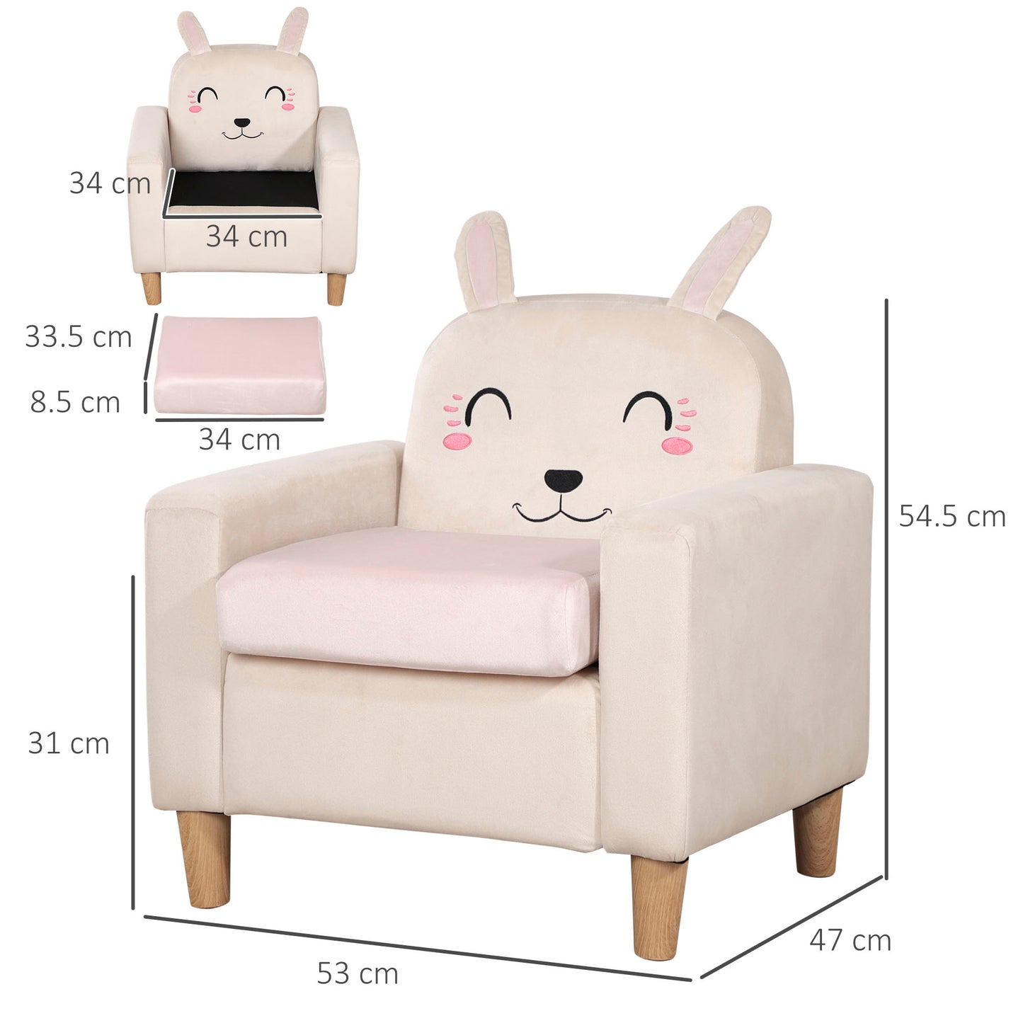 HOMCOM Children's Armchair with Rabbit Design and Wooden Legs, 53x47x54.5 cm, Cream