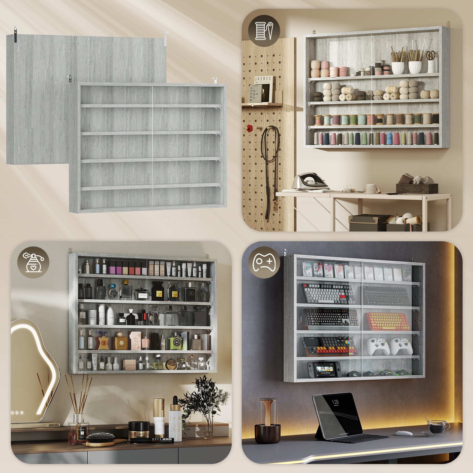 HOMCOM 4-Tier Adjustable Wooden Collectibles Display Cabinet with Glass Doors, 80x9.5x60 cm, Grey