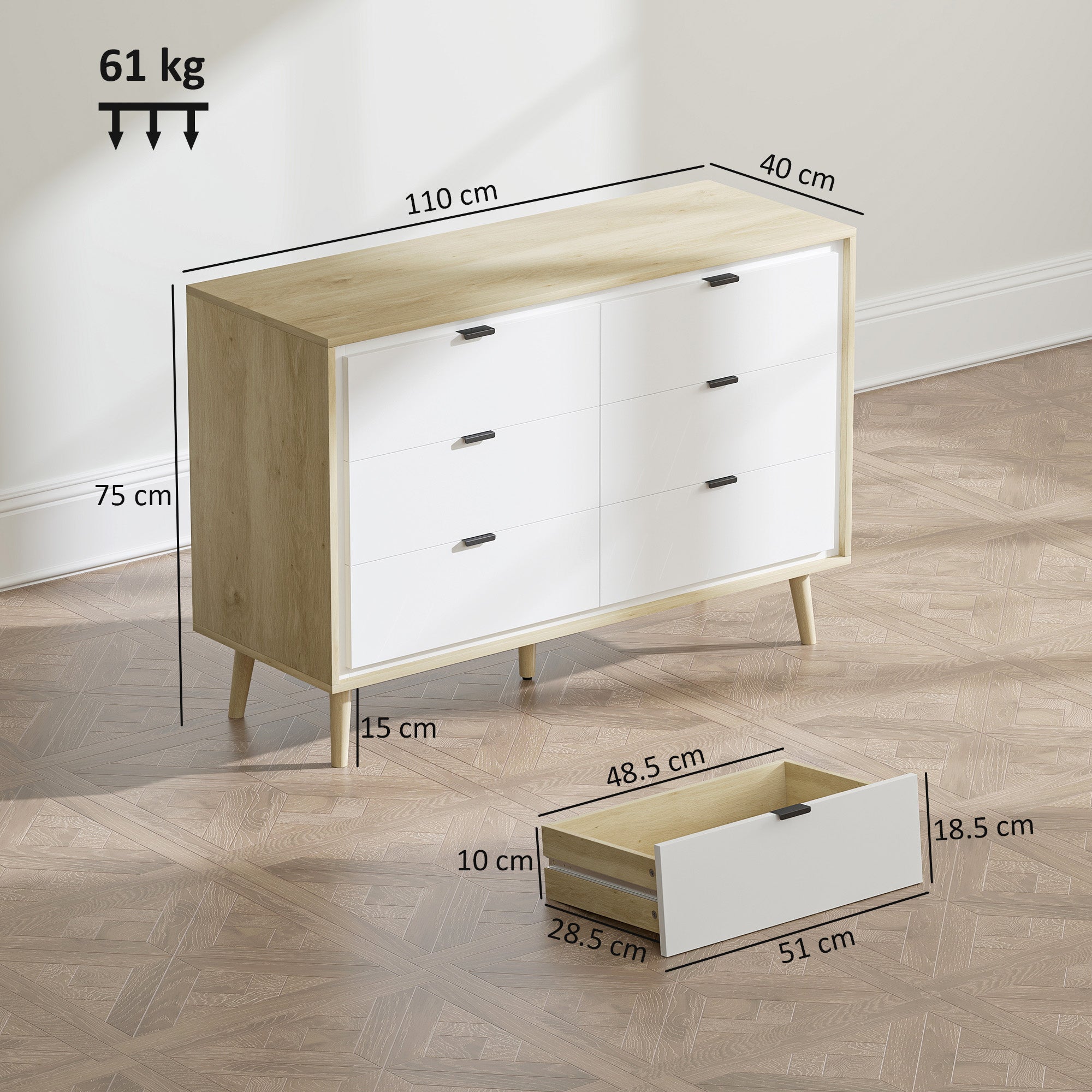 6-Drawer Wooden Chest of Drawers for Bedroom, 110x40x75 cm, Gloss White and Oak
