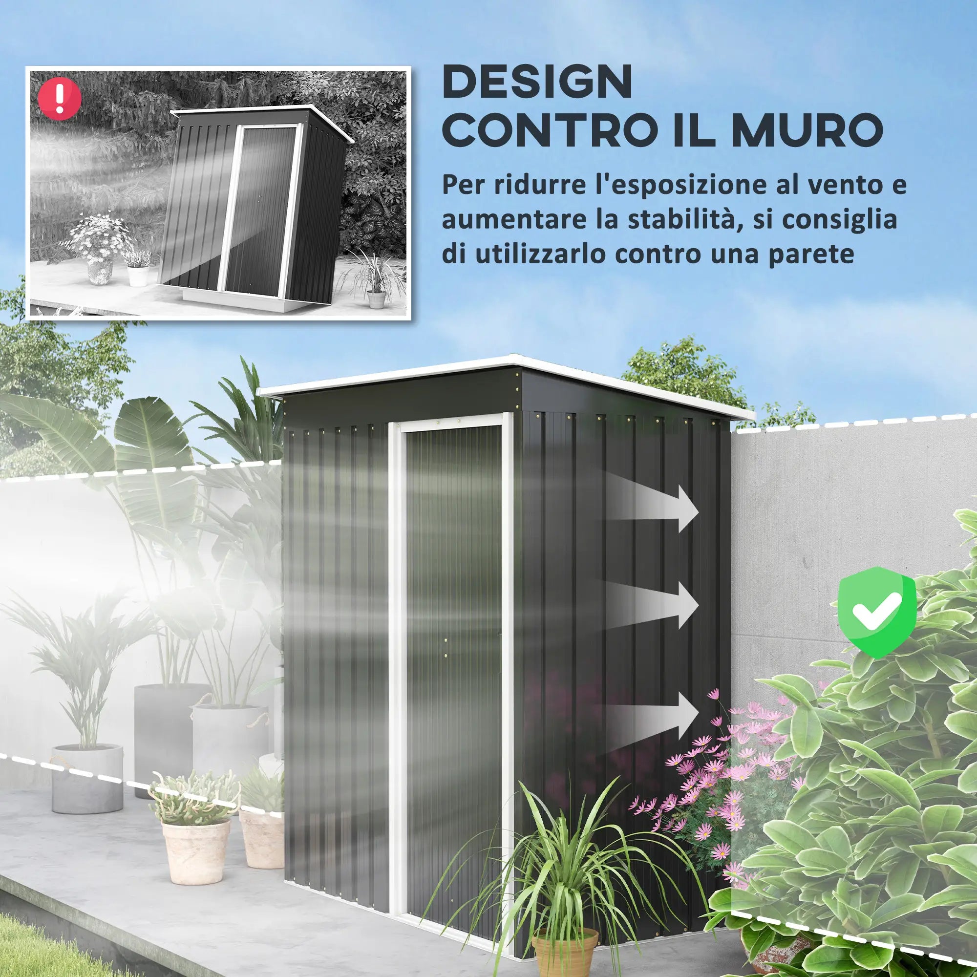 Garden Shed with Sloping Roof and Sliding Door, Galvanized Steel Garden Tool Shed, 1.16m², 163x89x182 cm, Black - Borge' Group Limited
