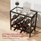 Wine Bottle Rack for 10 Bottles in Black Steel with Tempered Glass Shelf, 41x22x41 cm
