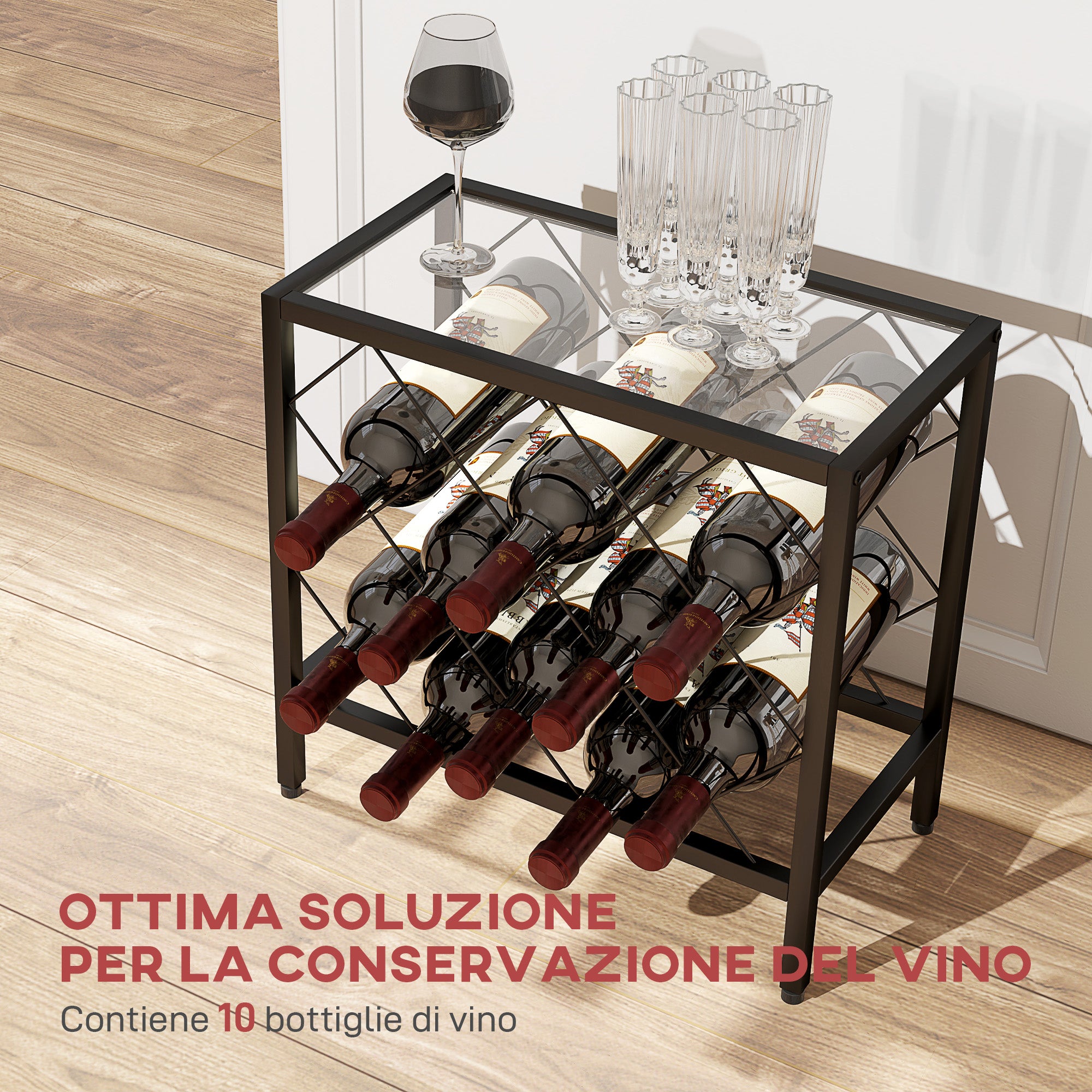 Wine Bottle Rack for 10 Bottles in Black Steel with Tempered Glass Shelf, 41x22x41 cm