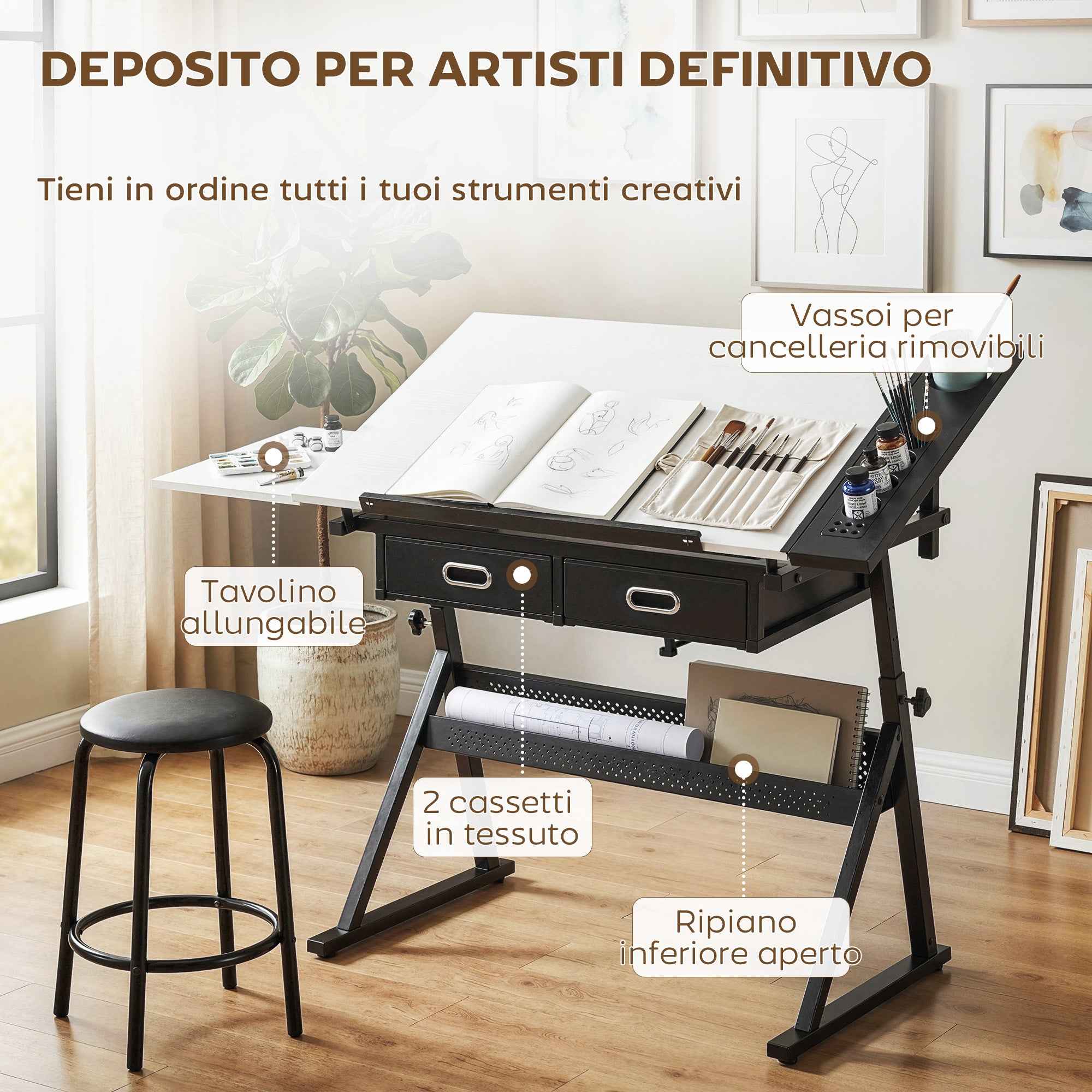 Adjustable Drafting Table, Writing Desk and Stool for Drawing and Working, White