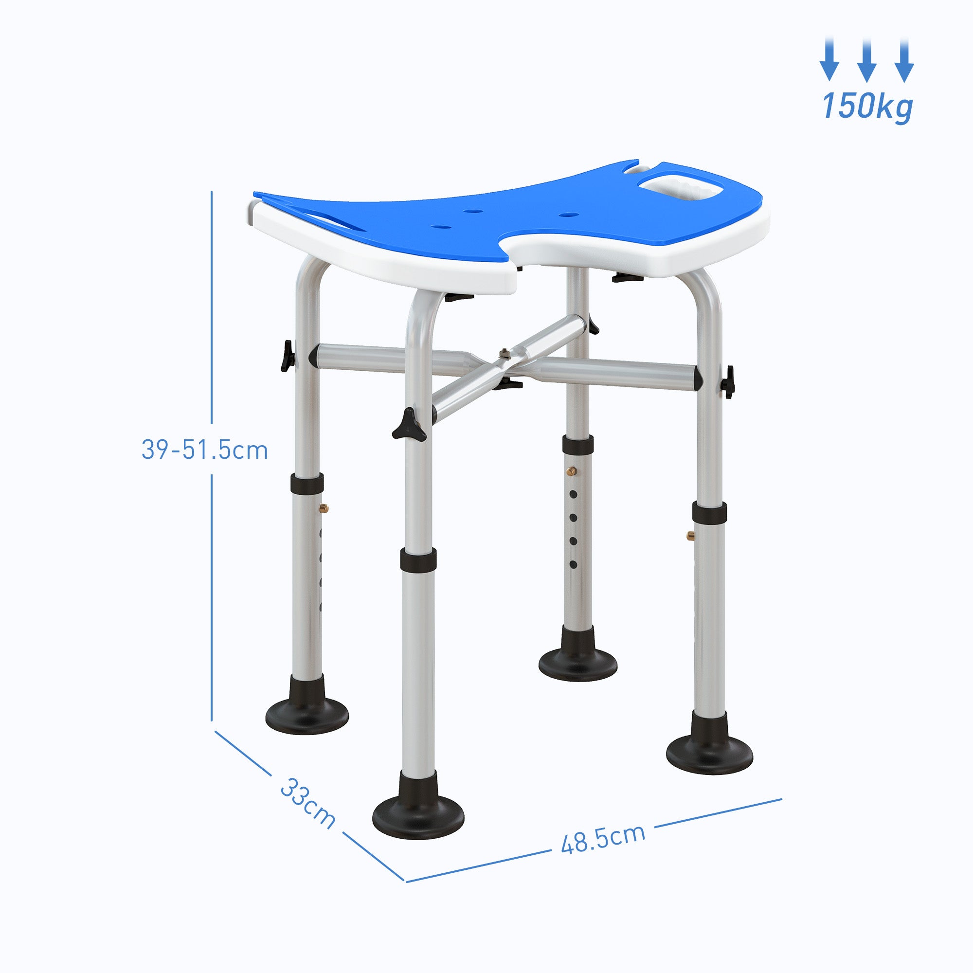 Height-Adjustable Shower Stool with Handle, U-Shaped Padded Seat and Non-Slip Feet, Blue