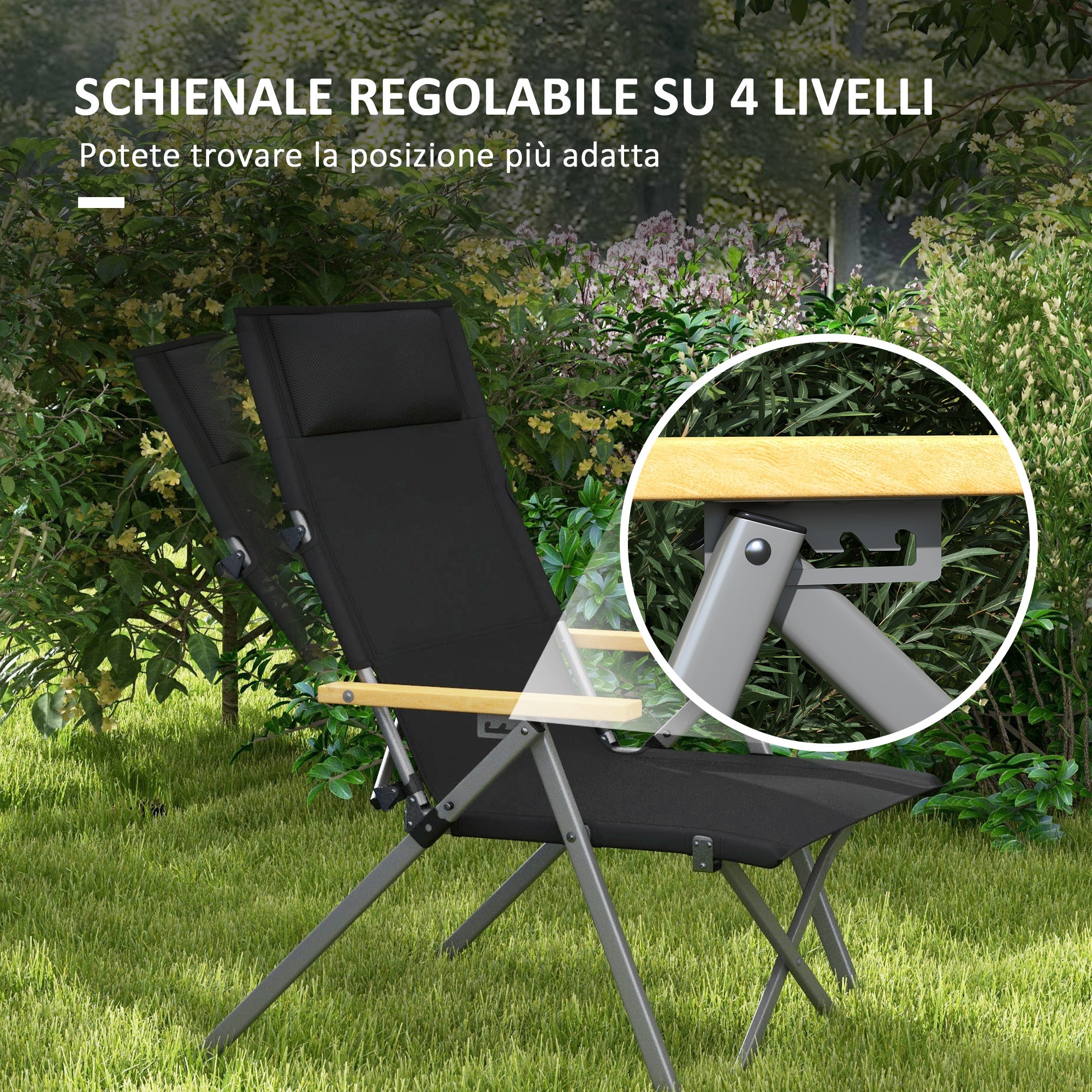 Folding Camping Chair with Adjustable Backrest, Aluminum and Polyester 74x59.5x98 cm, Black
