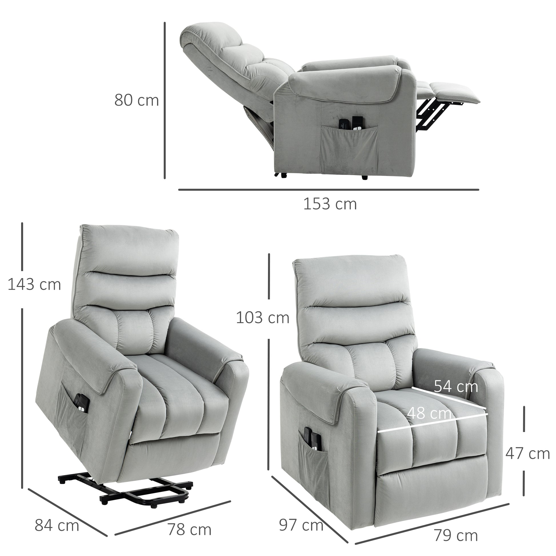 Relaxing Armchair with 135° Reclining, Massaging and Lifting with Remote Control, 79x97x103cm, Gray - Borgè