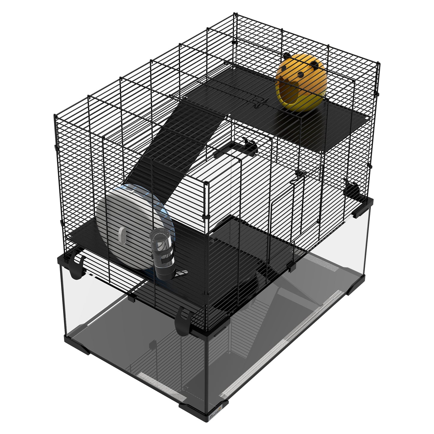 3-Tier Hamster Cage with Wheel, Ramps and Removable Bottom, 60x40x57cm, Black