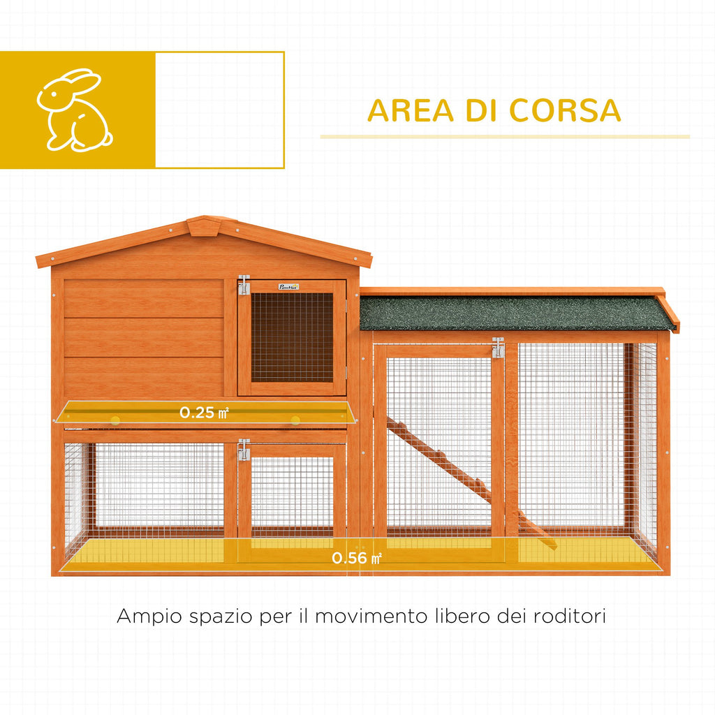 PawHut 2-Storey Outdoor Hutch in Fir Wood and Metal Wire, 150x45x85 cm, Orange - Borgè