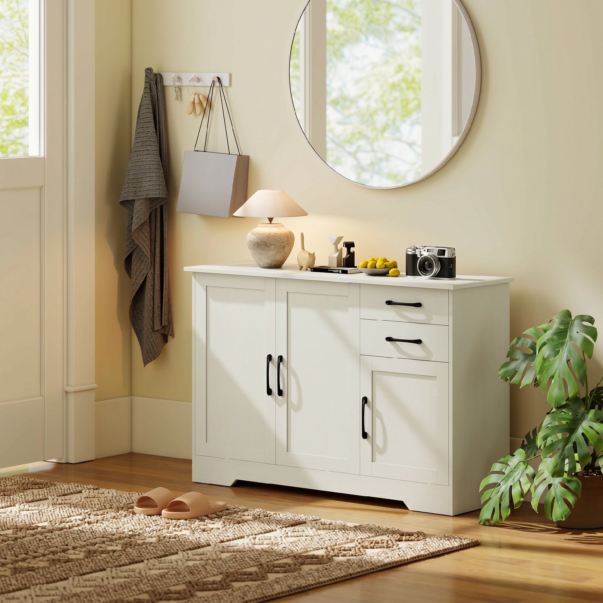HOMCOM Kitchen Cabinet with 2 Drawers and 3 Cabinets, Adjustable Shelves, 120x38x79 cm, Cream