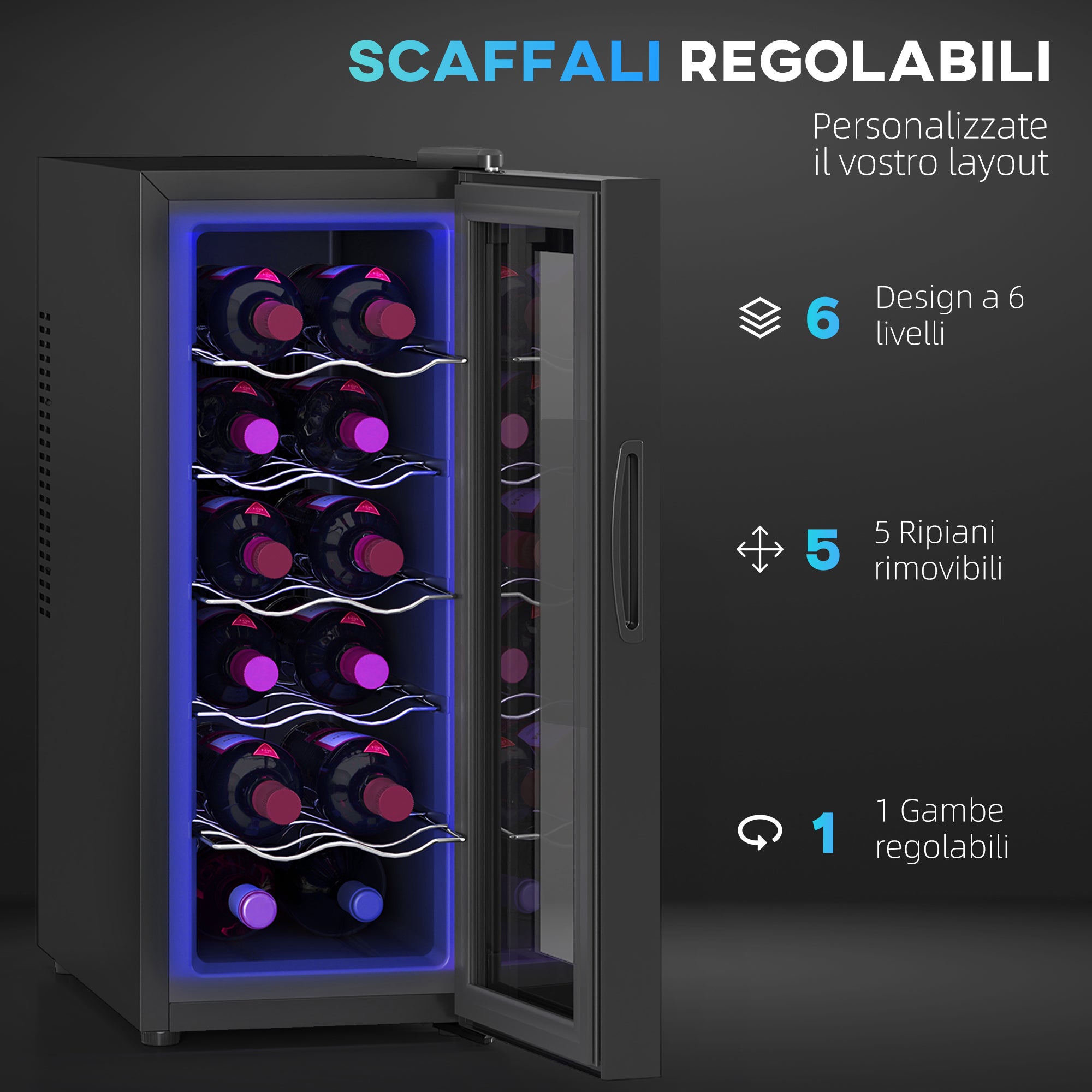 12 Bottle Refrigerator Cooler with Dual Temperature Control, Adjustable Shelves and Lights, Black
