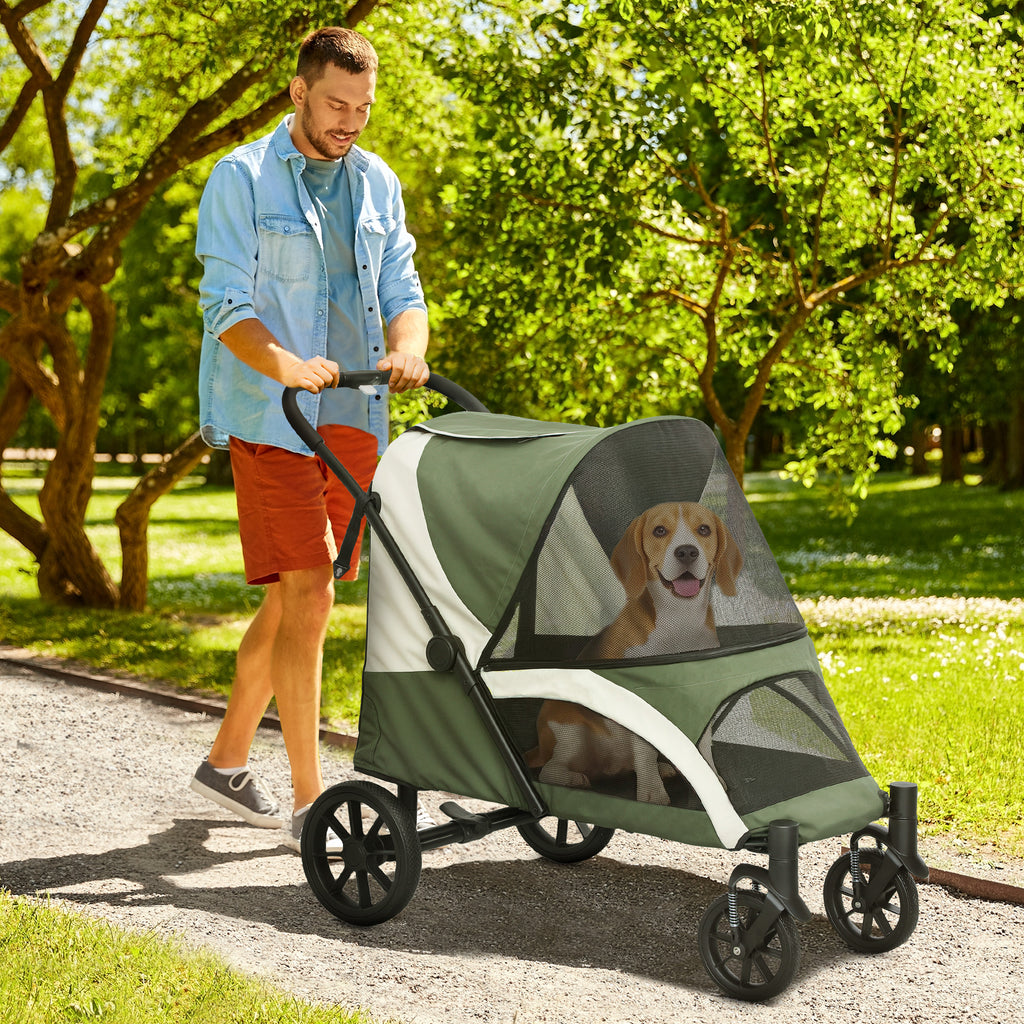 PawHut Medium Dog Stroller, Foldable with Mesh Windows, Cushion and Leash, 124 x 67 x 100 cm, Dark Green
