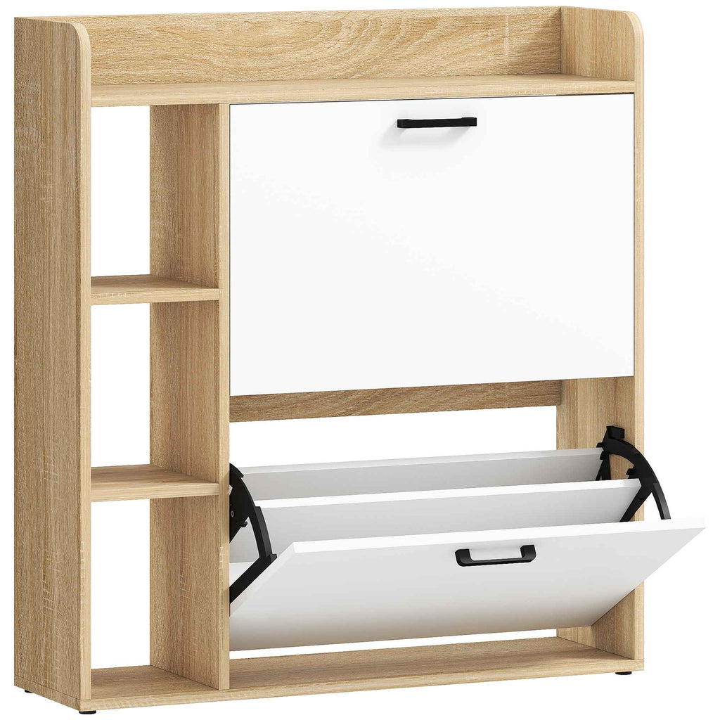 HOMCOM Slim Shoe Rack with 2 Tilting Drawers and 3 Open Compartments, Capacity 15 Shoes, 83x24x90.5 cm, Wood and White Color