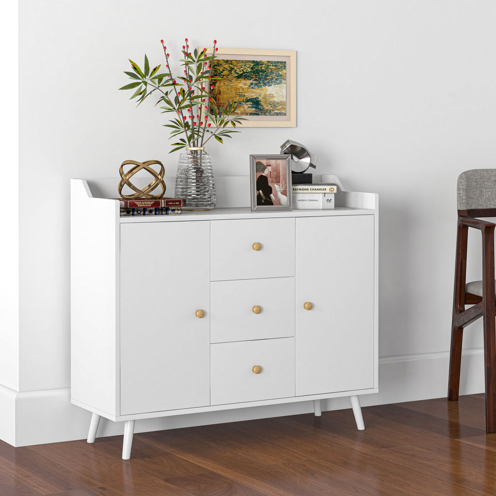 Modern Wooden Sideboard with 3 Drawers and 2 Cabinets on 2 Levels, 90x32x80 cm, White