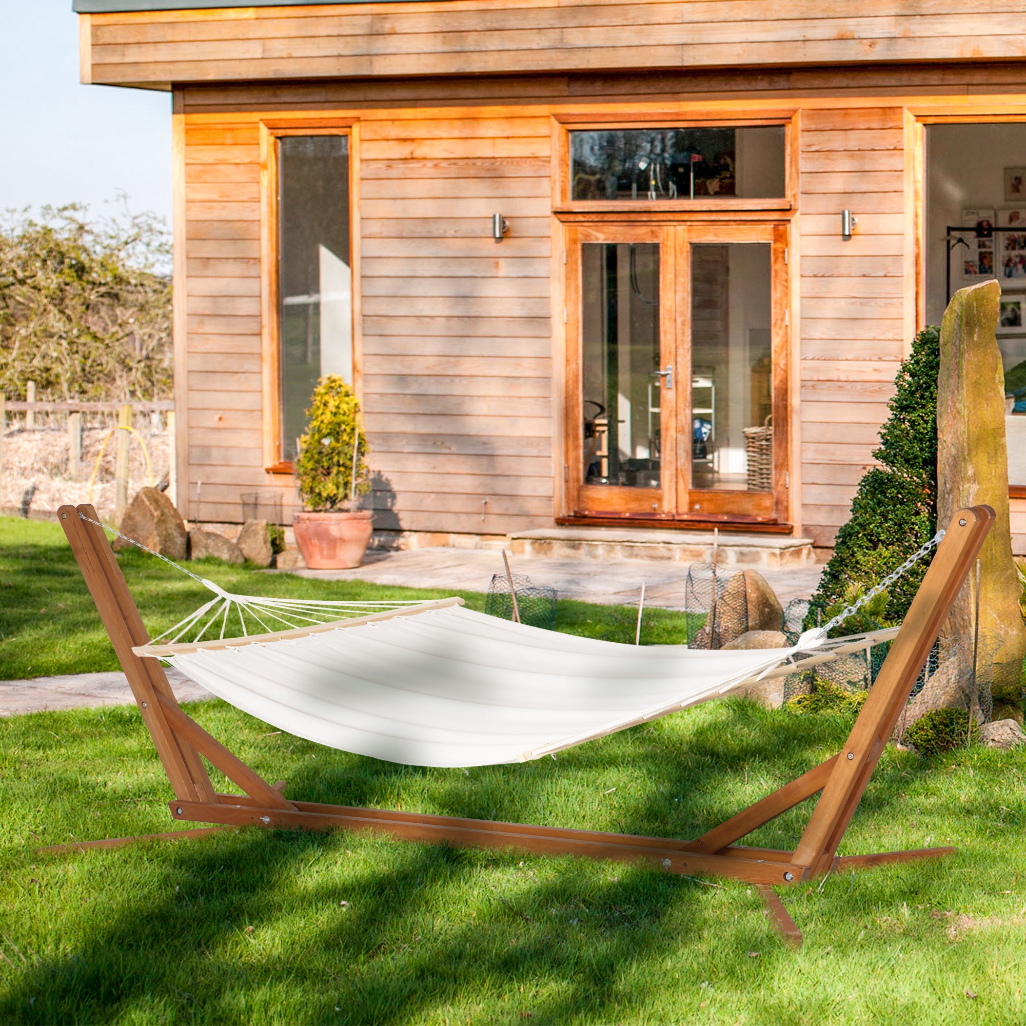 3-Level Adjustable Folding Portable Wooden Hanging Hammock Stand, 388x120x89cm