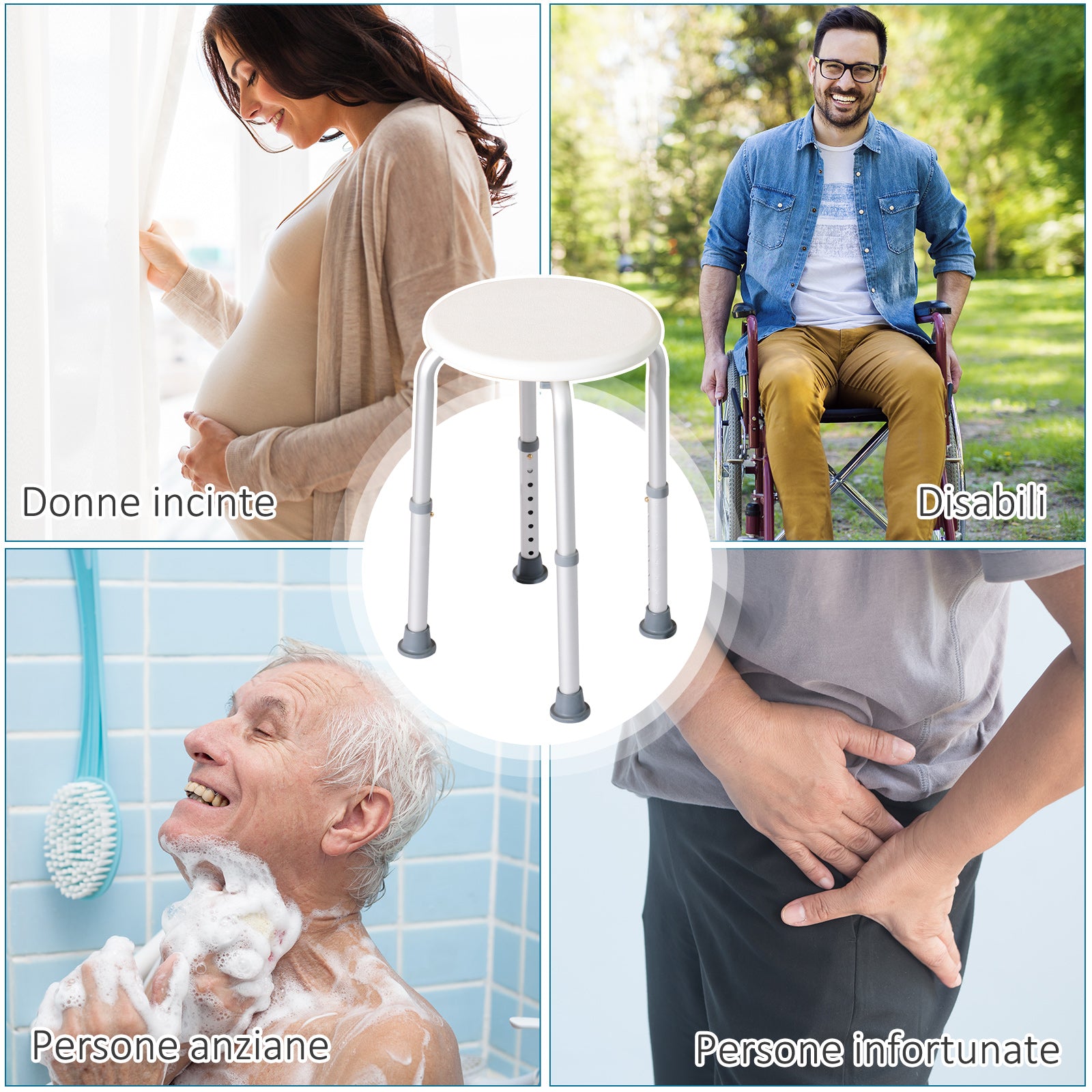 Round Shower Stool for the Elderly, Disabled Bath Chair with 8-Position Adjustable Height, Non-Slip Feet, Made of Aluminum and PE, White