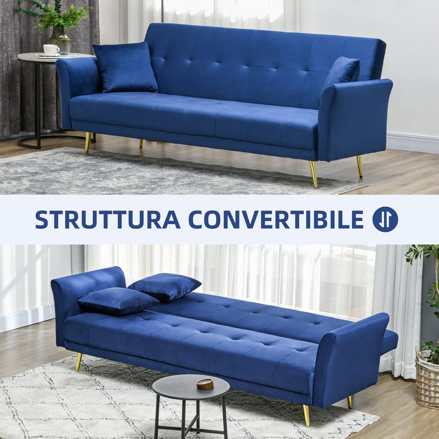 Sofa Bed with Adjustable Backrest and 2 Cushions, in Velvet Effect Fabric, 215x83x87 cm, Blue