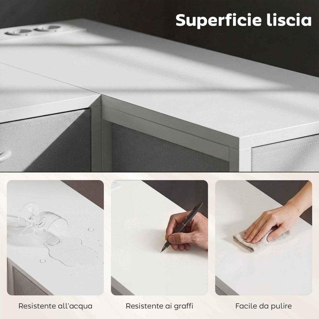 Corner Desk with 6 Drawers, Side Hook and Integrated Sockets, Wood and Steel, 126x48x80 cm, White