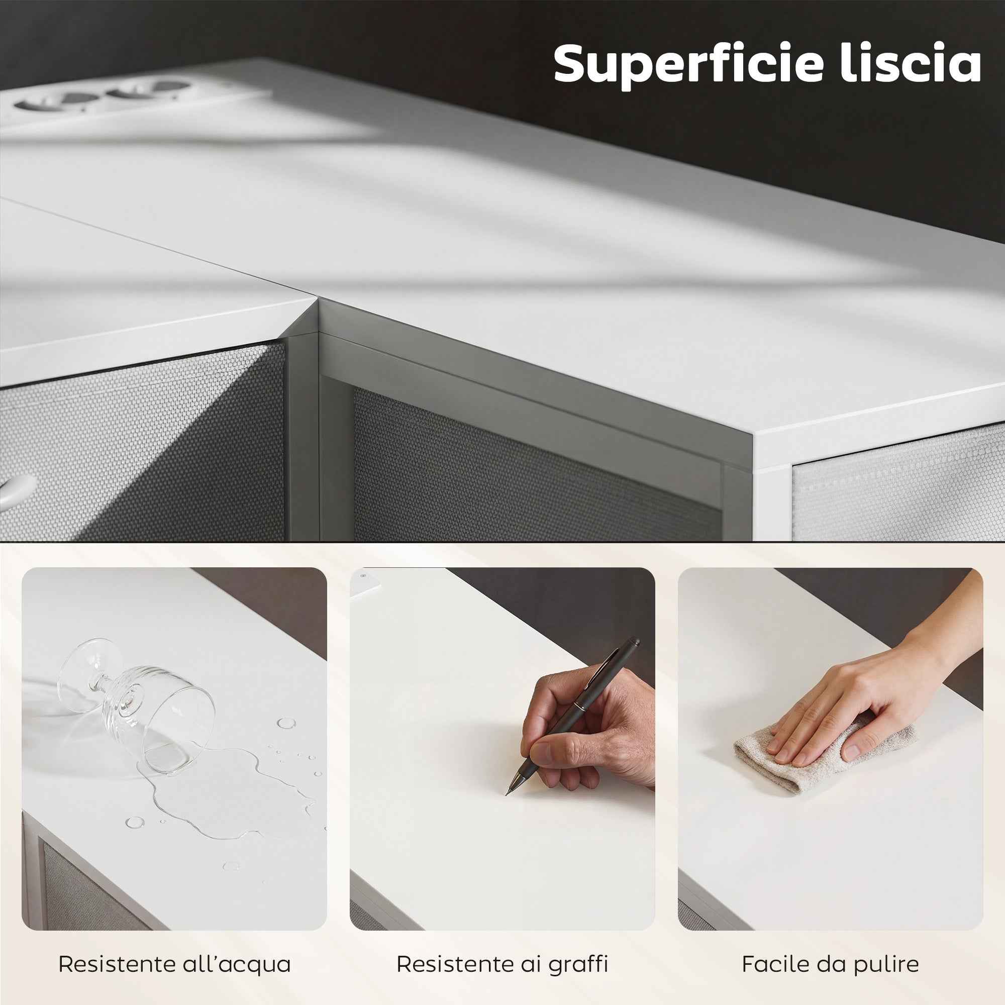 Corner Desk with 6 Drawers, Side Hook and Integrated Sockets, Wood and Steel, 126x48x80 cm, White