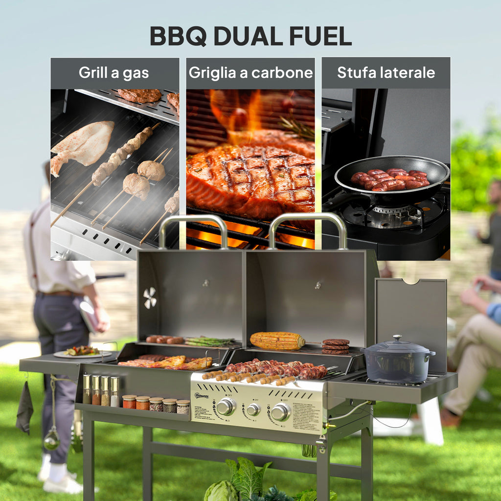 Charcoal and Gas Barbecue with 3 Burners and Lid, Thermometer, Wheels and Shelves, Black