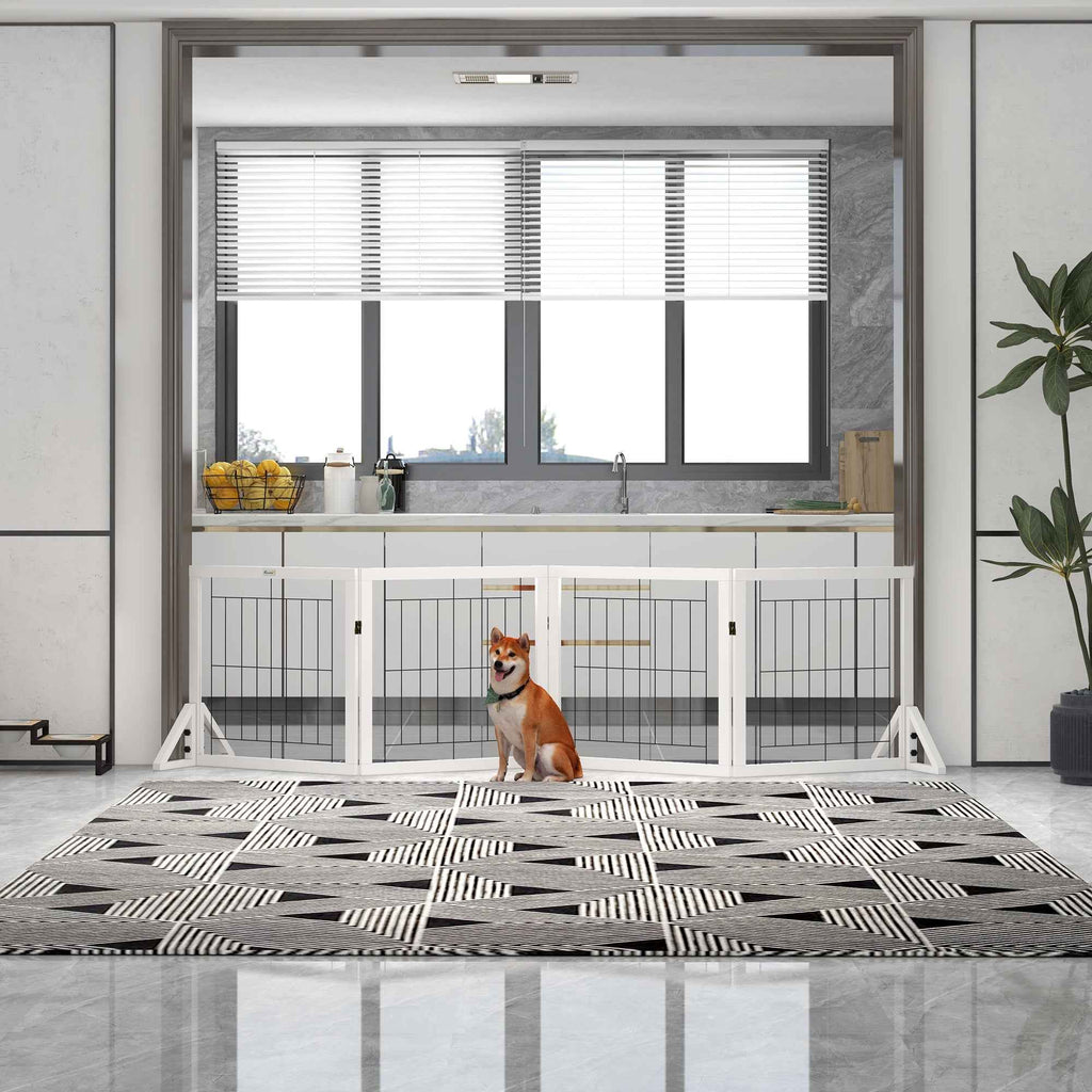 PawHut Folding Dog Gate with 4 Panels and Triangular Feet, 280x70 cm, White
