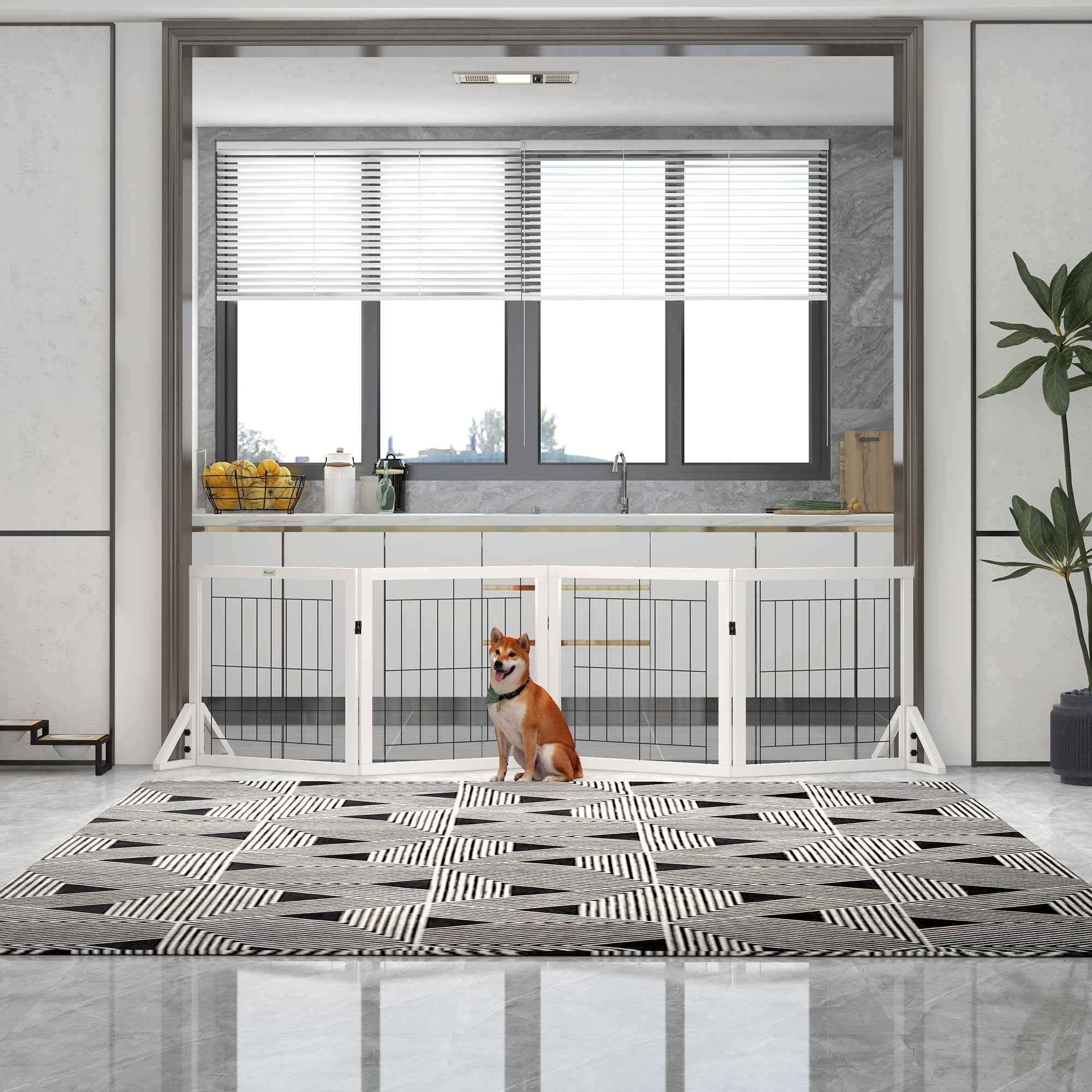 PawHut Folding Dog Gate with 4 Panels and Triangular Feet, 280x70 cm, White
