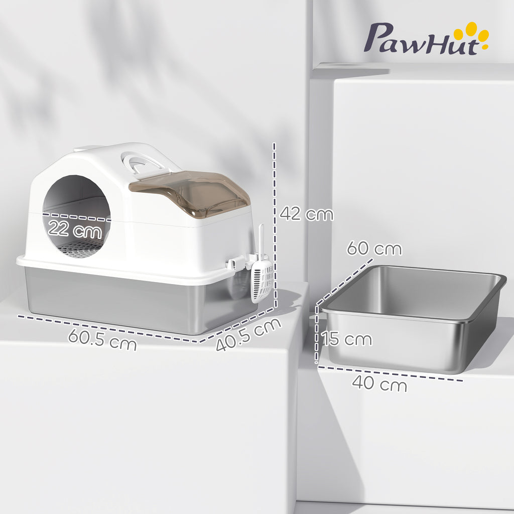 Enclosed Cat Litter Box with 2 Mats, Stainless Steel, ABS and PP, 60.5x40.5x42 cm, White and Silver