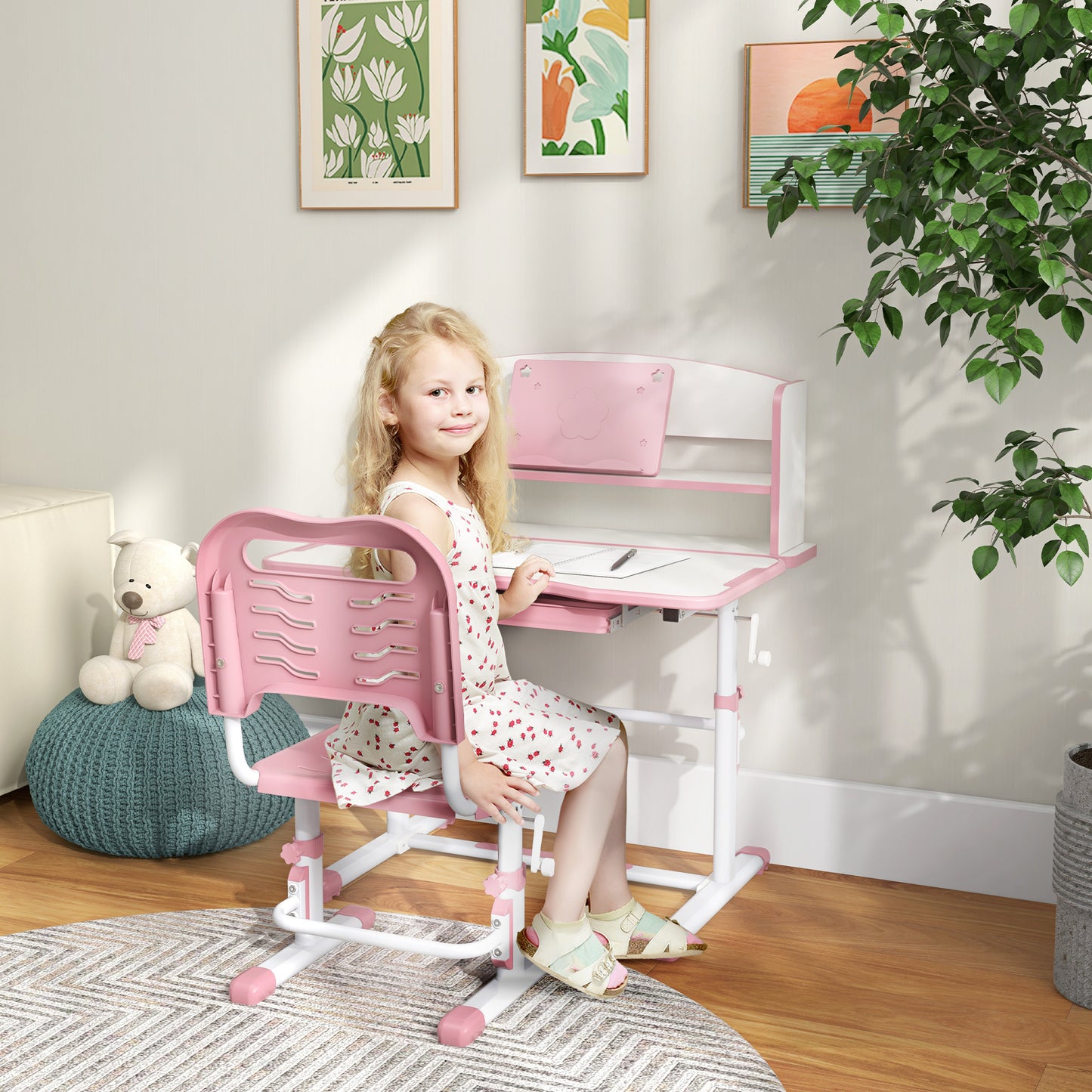 Zonekiz set for children's desk with height adjustable chair and tilting plan, age 6-12 years, pink - Borgè