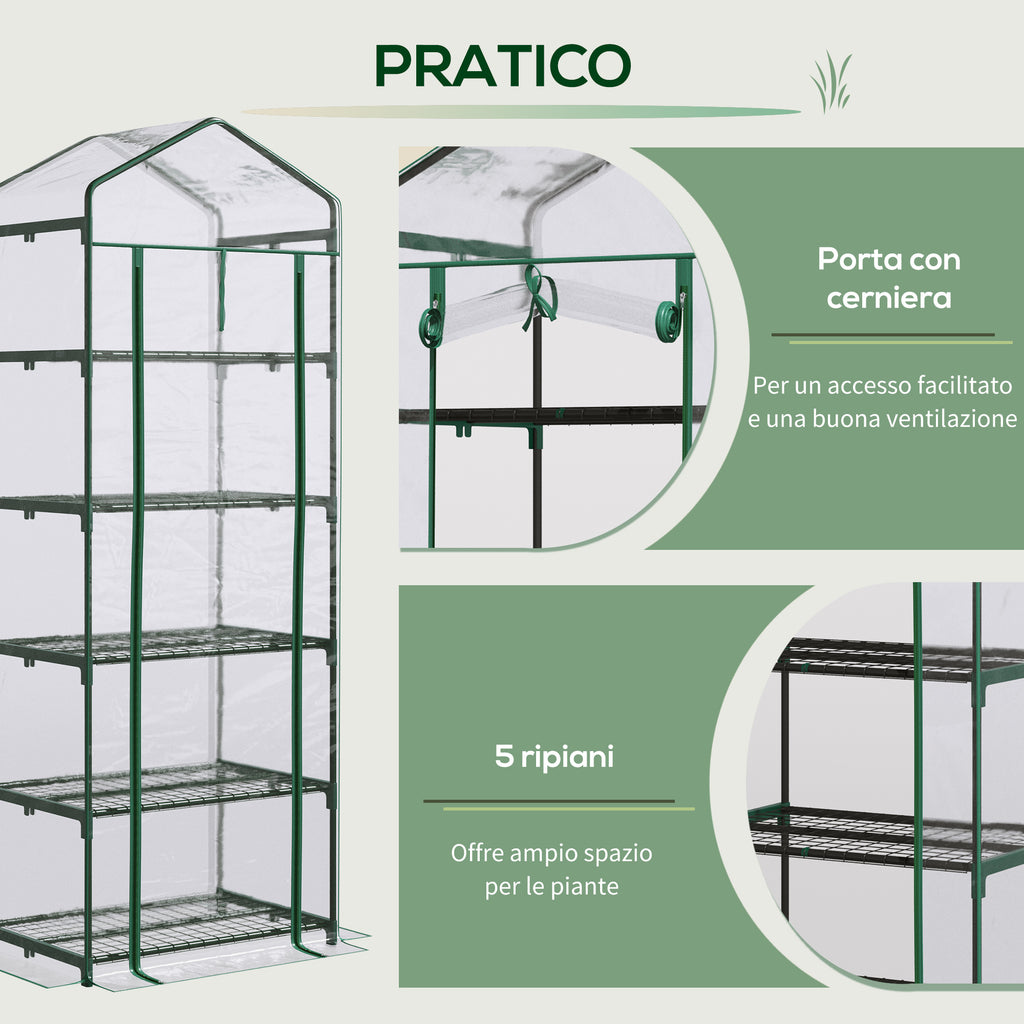 Outsunny 5-Tier Steel Mini Greenhouse for Garden and Terrace Plants with PVC Cover, 69x49x193 cm, Green