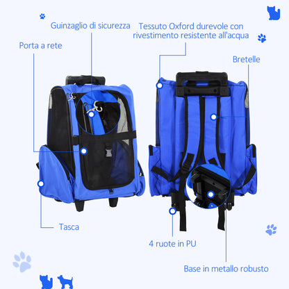 PawHut 2 in 1 Backpack Carrier for Dogs and Cats with Side Pockets, Telescopic Handle and Wheels, 42x25x55cm, Blue